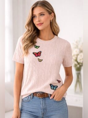 Saks Fifth Avenue Cashmere Short Sleeve Sweater Butterfly Appliqué Pink Size 1X
